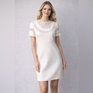 VALENTINO Cream Off White Mini A-Line Dress Short Sleeve with Lace Size 8 Medium